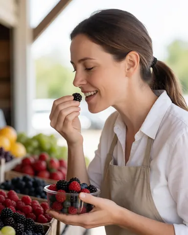 Une femme sourit en goûtant un fruit sur un stand ensoleillé avec des fruits frais dans un récipient, ambiance naturelle.