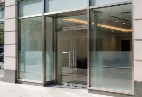 Porte vitrée moderne d'une agence bancaire avec reflets urbains, évoquant un environnement professionnel et épuré pour cabinets de conseil.