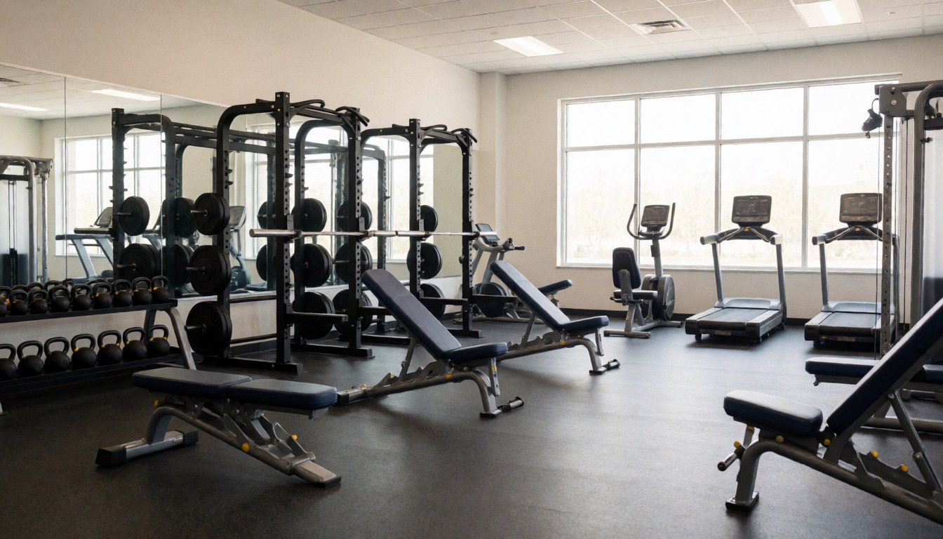 Vue d'une salle de fitness moderne avec des équipements de musculation et des tapis de course dans un espace bien éclairé.