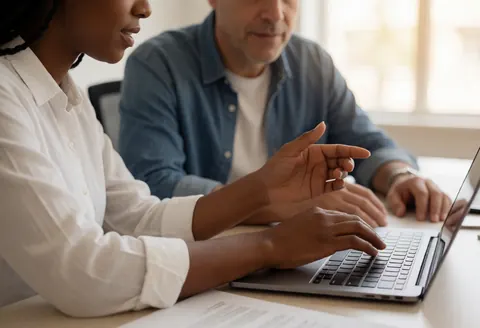 Un consultant explique une stratégie digitale à un client en travaillant ensemble sur un ordinateur portable dans un bureau moderne éclairé par la lumière naturelle.