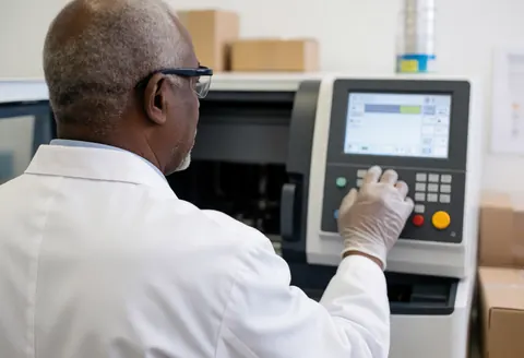 Un technicien de laboratoire portant des gants et des lunettes de protection utilise un appareil analytique dans un environnement clinique professionnel.