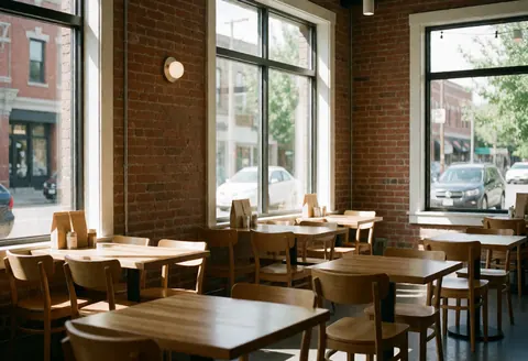 Vue intérieure d'un café présentant des murs en briques, des tables et chaises en bois, de grandes fenêtres laissant entrer la lumière du soleil, créant une ambiance chaleureuse et lumineuse.