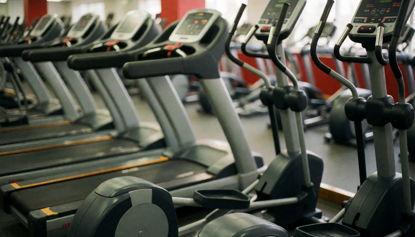 Arrière-plan abstrait et flouté d'une salle de fitness moderne avec des tapis de course et des machines elliptiques aux tons gris et rouge, idéal pour des textes promotionnels.
