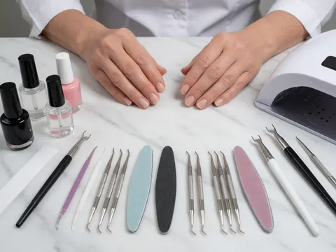 Vue de dessus d'outils de manucure professionnelle disposés sur une surface blanche, incluant des coupe-cuticules et des poudres pour ongles.