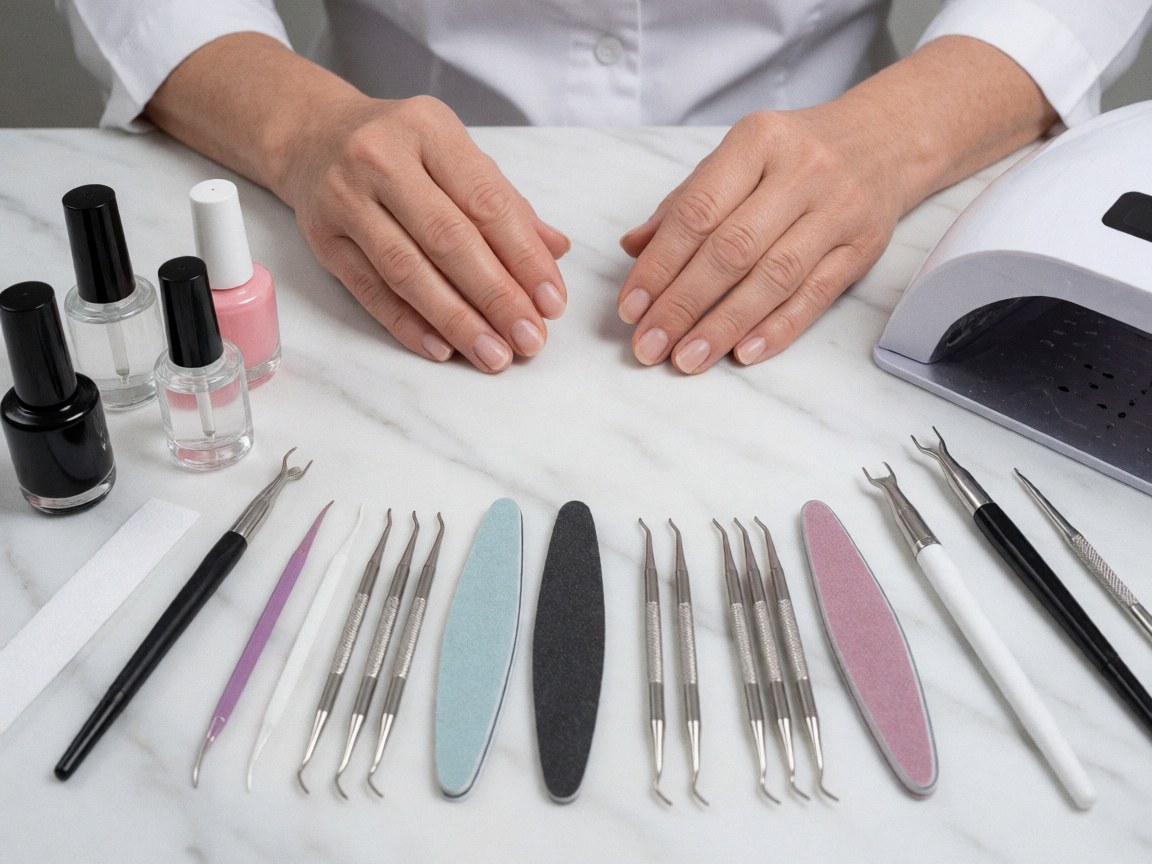 Vue de dessus d'outils de manucure professionnelle disposés sur une surface blanche, incluant des coupe-cuticules et des poudres pour ongles.