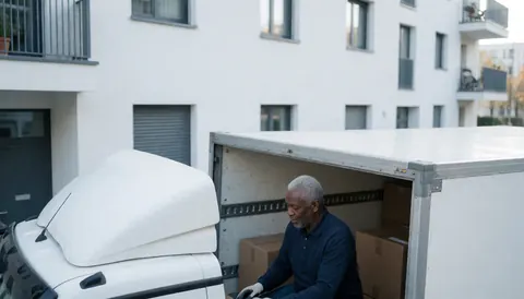 Un employé charge des cartons dans un camion de déménagement devant un immeuble moderne par temps clair avec espace pour texte en haut