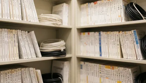 Ardoises d'entrepôt contenant des manuels techniques et des câbles, servant de fond neutre pour des textes professionnels dans un contexte technique.