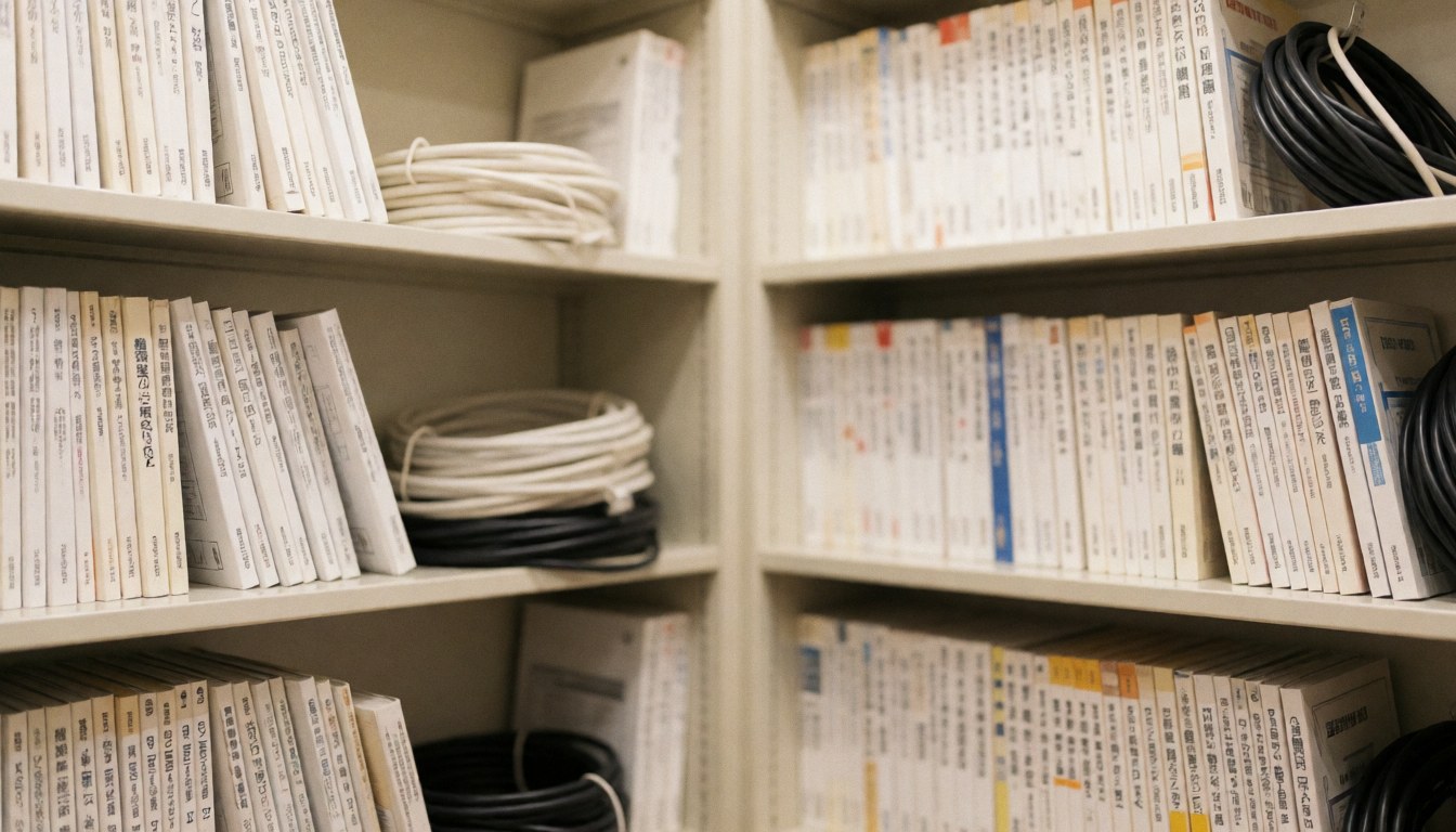 Ardoises d'entrepôt contenant des manuels techniques et des câbles, servant de fond neutre pour des textes professionnels dans un contexte technique.