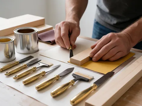 Mains d'artisan utilisant des outils de restauration en bronze et pinceaux pour travailler le bois naturel, détail de mobilier restauré.