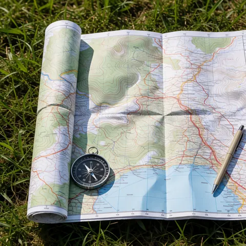 Une carte topologique détaillée posée sur une surface herbeuse, accompagnée d'une boussole et d'un stylo pour la navigation en extérieur.