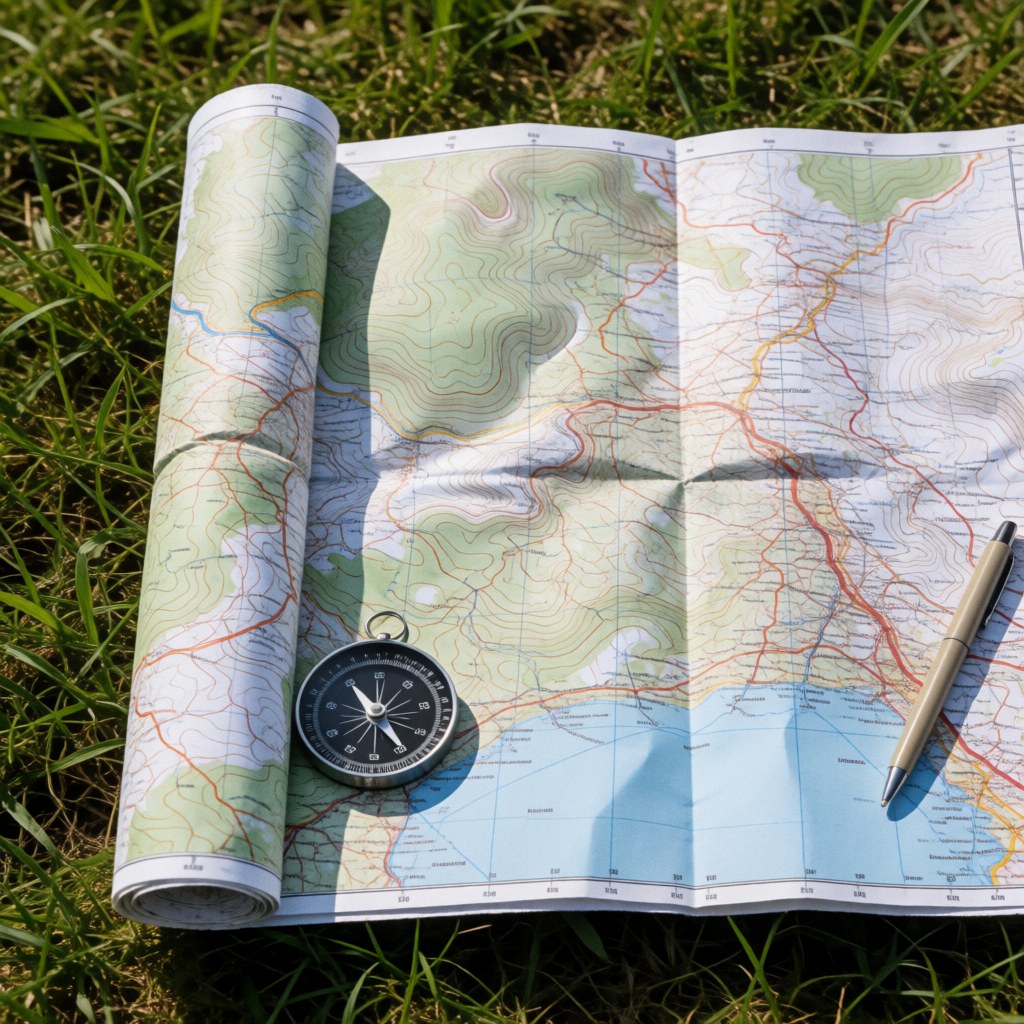 Une carte topologique détaillée posée sur une surface herbeuse, accompagnée d'une boussole et d'un stylo pour la navigation en extérieur.
