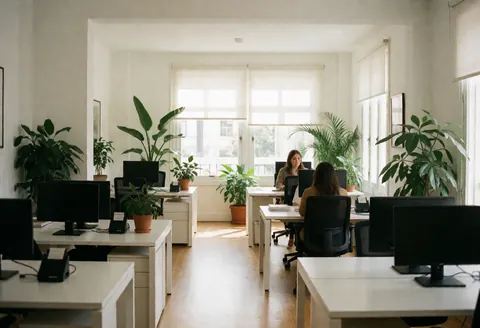 Espace de travail lumineux et accueillant avec bureaux blancs, ordinateurs et verdure. Deux personnes travaillent à leurs postes dans un environnement professionnel.
