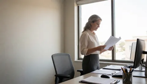 Une professionnelle vérifie des papiers sur un bureau équipé d'un ordinateur, près d'une fenêtre laissant entrer la lumière naturelle.