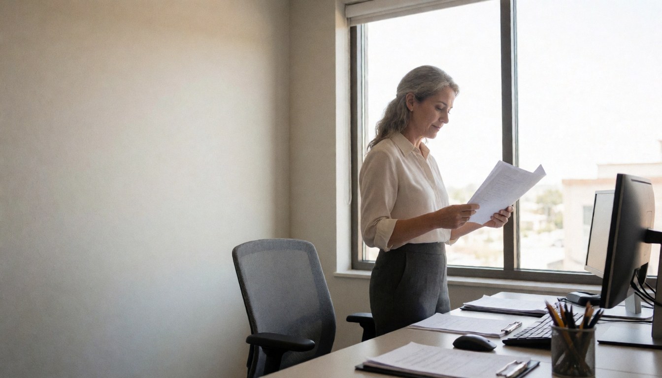 Une professionnelle vérifie des papiers sur un bureau équipé d'un ordinateur, près d'une fenêtre laissant entrer la lumière naturelle.