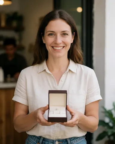 Une femme heureuse tient une boîte à bijoux ouverte dans un café, vêtue de manière décontractée, satisfaite de son achat.