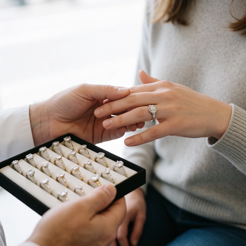 Une cliente essaie une bague pendant que le bijoutier lui présente plusieurs options dans une boîte, dans un environnement de bijouterie éclairé.
