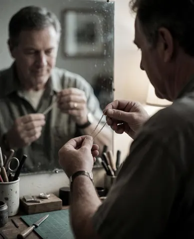Un homme inspecte une chaîne d'argent devant un miroir dans un atelier de joaillerie, entouré d'outils et baigné d'une lumière douce.