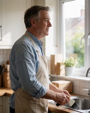 Un homme senior en tablier sourit tout en nettoyant l'évier de la cuisine baigné de lumière naturelle, manifestant sa satisfaction.
