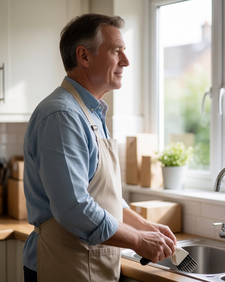 Un homme senior en tablier sourit tout en nettoyant l'évier de la cuisine baigné de lumière naturelle, manifestant sa satisfaction.