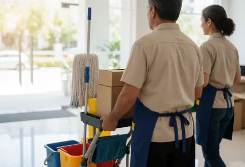 Deux agents de nettoyage en uniforme poussant un chariot dans un couloir de bureau éclairé par la lumière naturelle, avec un fond flou suggérant un environnement professionnel.
