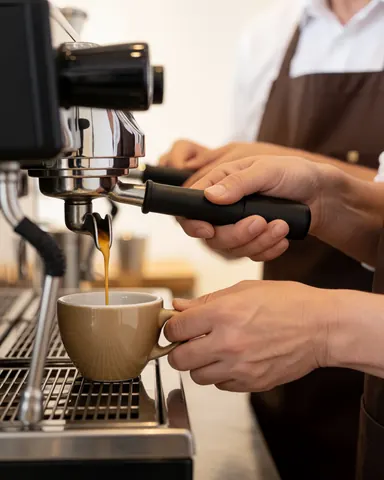 Un espresso s'écoule d'une machine à café dans une tasse en céramique tenue par les mains du barista, sur un fond professionnel et doux.