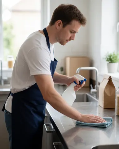 Intérieur d'une cuisine commerciale propre et moderne avec surfaces en acier inoxydable brillantes et bien rangées.