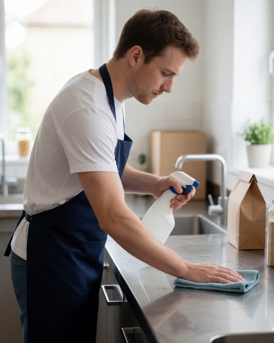 Intérieur d'une cuisine commerciale propre et moderne avec surfaces en acier inoxydable brillantes et bien rangées.