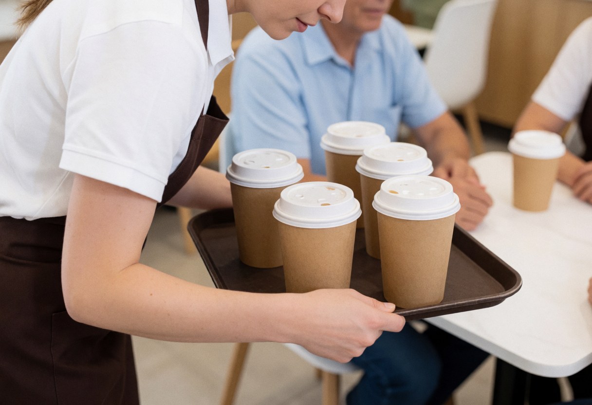 Une serveuse transporte un plateau rempli de tasses de café vers des clients assis dans un établissement moderne.