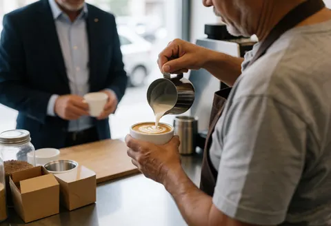 Un barista prépare une boisson sur mesure dans un café, mettant en valeur le service personnalisé et la qualité du produit.