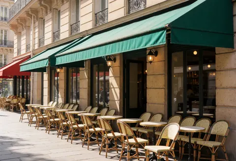 Terrasse de café avec tables et chaises en bois sous des auvents verts, architecture classique et lumière solaire sur une rue piétonne.
