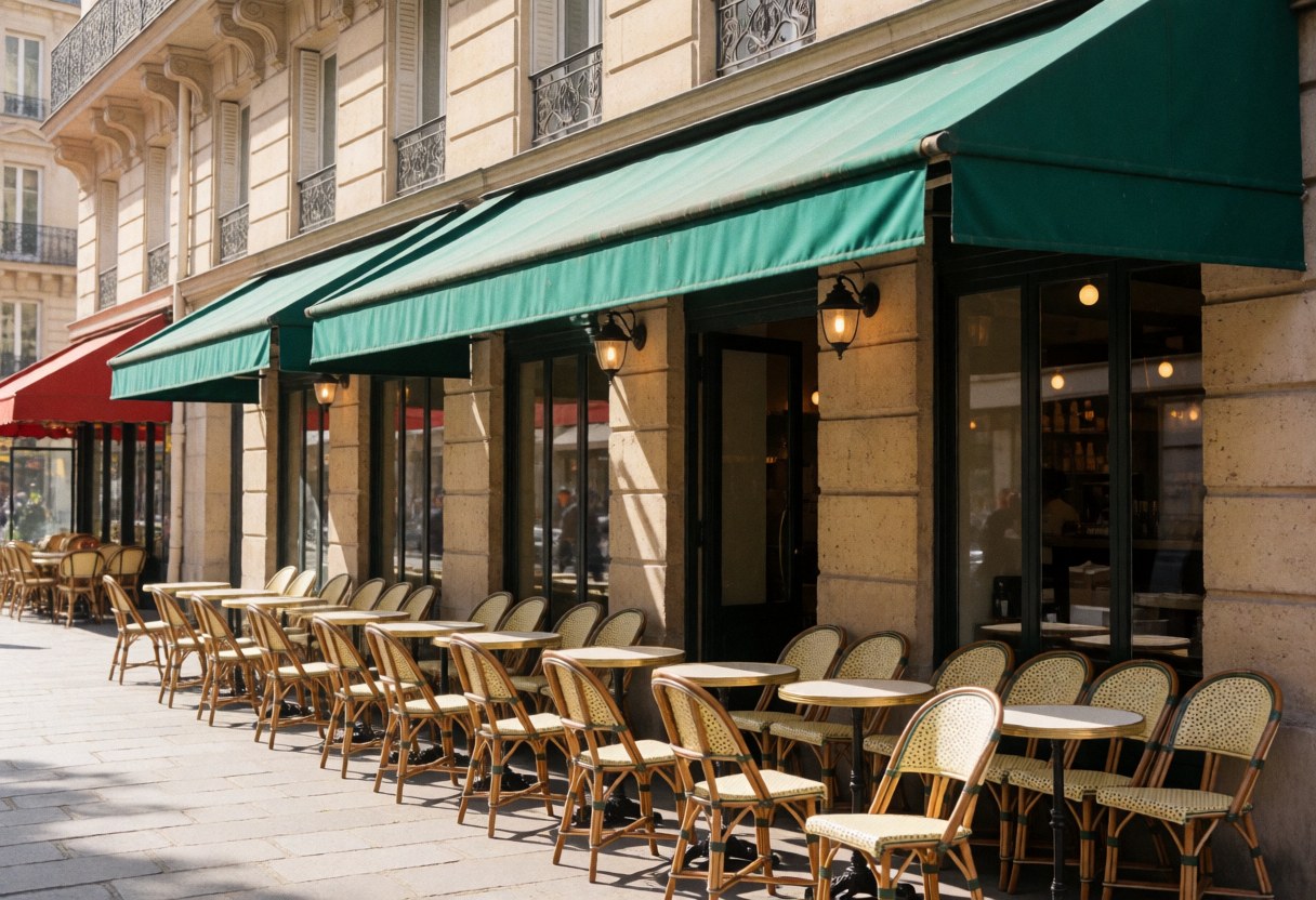 Terrasse de café avec tables et chaises en bois sous des auvents verts, architecture classique et lumière solaire sur une rue piétonne.