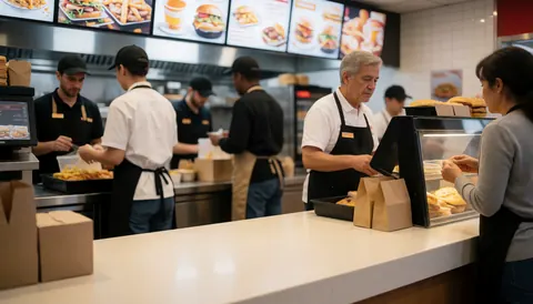 Un comptoir de restaurant de type fast-food où le personnel sert un client. On distingue des hamburgers, des frites et une caisse enregistreuse sur le comptoir.