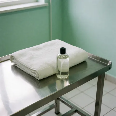Tissu blanc et bouteille de gel de massage sur table en acier dans une clinique de physiothérapie avec murs verts et sol blanc, éclairage lumineux et propre.