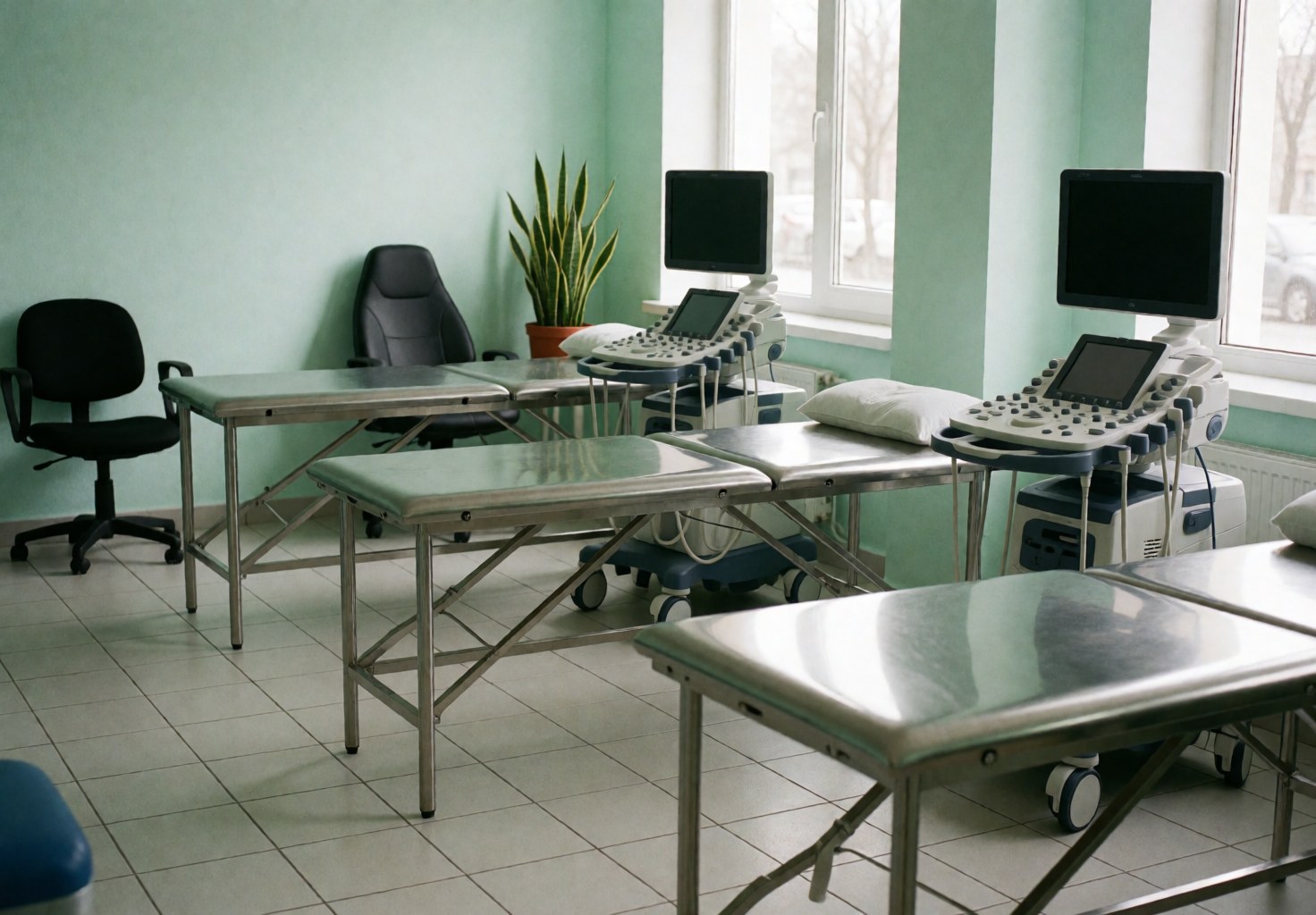 Vue intérieure d'une clinique de physiothérapie vide avec lits de traitement, machines à ultrasons, chaises et plantes sur fond de murs verts et fenêtres laissant entrer la lumière naturelle.