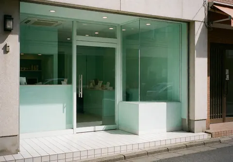 Façade d'une clinique de physiothérapie avec grandes baies vitrées, murs intérieurs vert menthe et sol carrelé blanc. Ambiance propre, moderne et professionnelle.