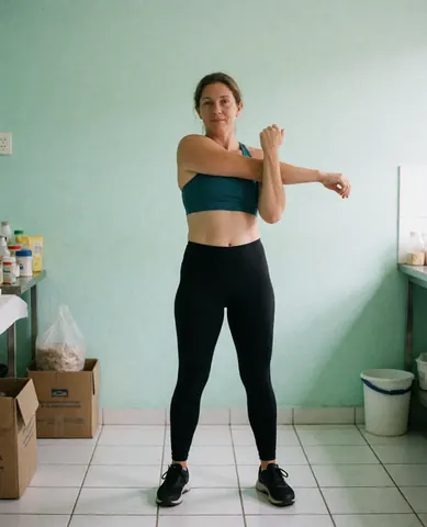 Une femme sportive effectue un étirement du bras dans une clinique de physiothérapie aux murs verts et au sol blanc, vêtue d'un haut et de leggings.