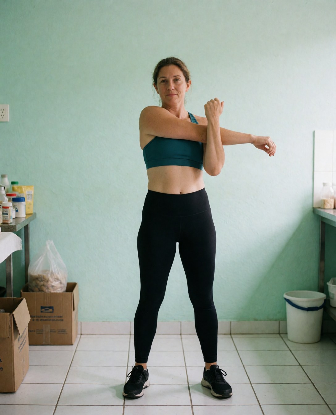 Une femme sportive effectue un étirement du bras dans une clinique de physiothérapie aux murs verts et au sol blanc, vêtue d'un haut et de leggings.