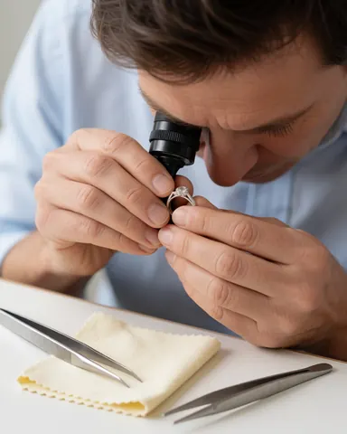 Un joaillier professionnel inspecte minutieusement une bague avec une loupe, utilisant des pinces et un tissu doux sur une table propre dans un environnement de travail détaillé.