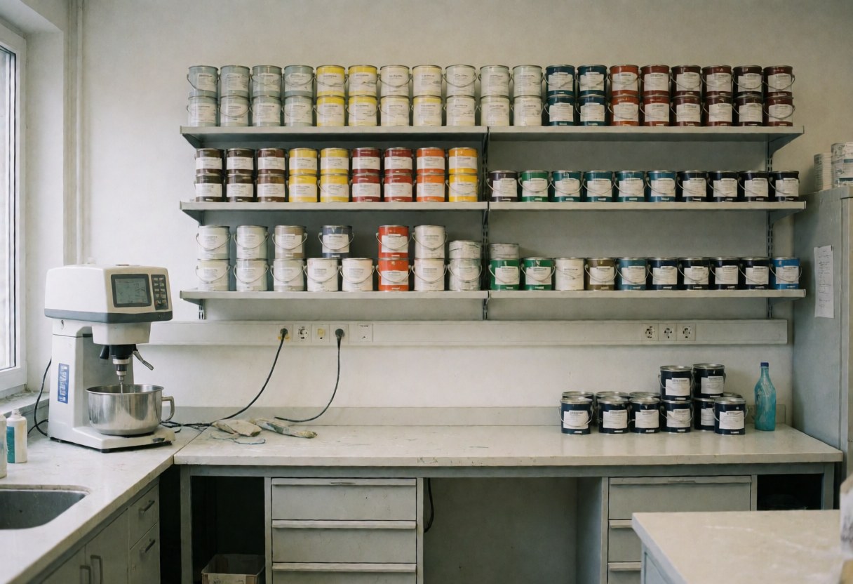 Intérieur d'un laboratoire de peinture avec des étagères remplies de pots de couleur, un mélangeur numérique sur le plan de travail et un mur blanc propre, ambiance professionnelle et ordonnée.
