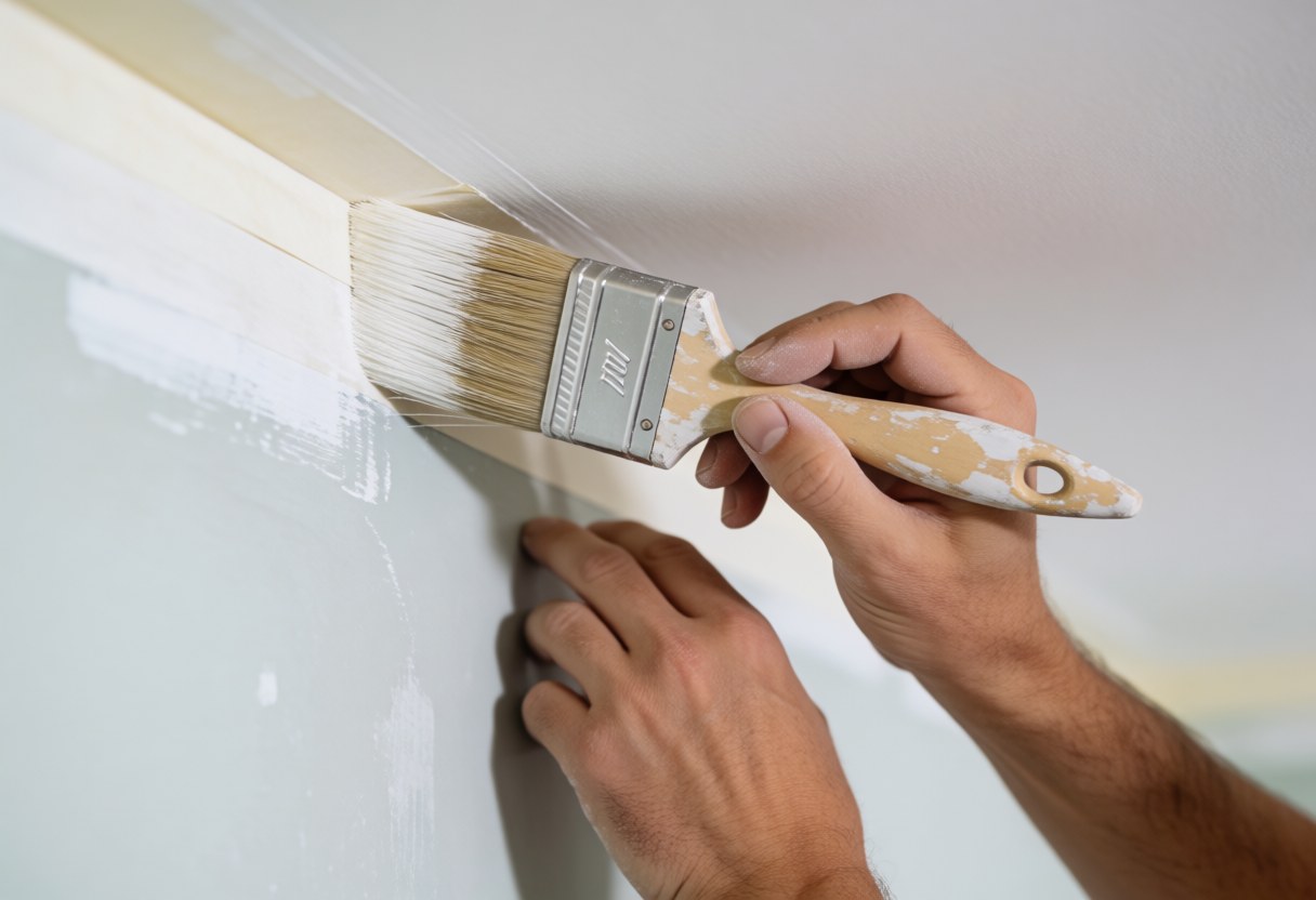 Main tenant un pinceur près d'un mur avec du ruban de masquage, peinture éclatante et propre, plafond et mur visibles, éclairage doux et professionnel.