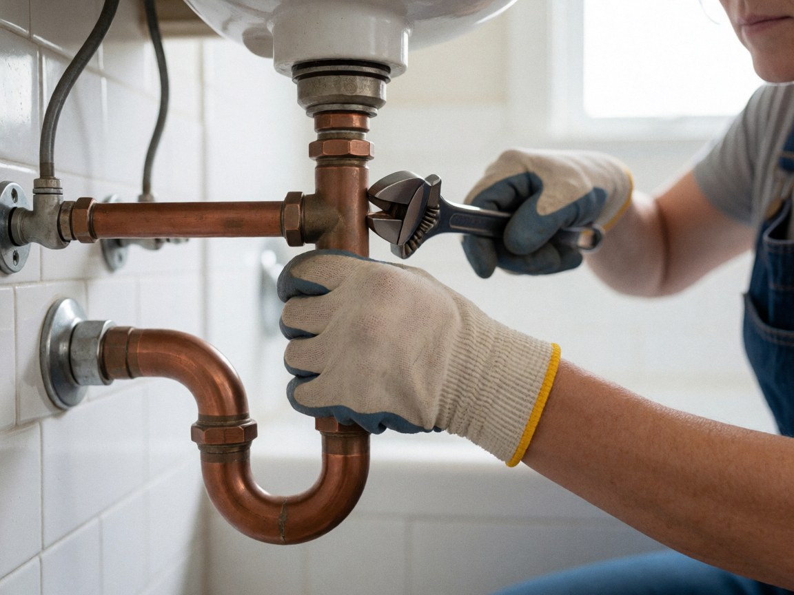 Un plombier portant des gants ajuste une canalisation en cuivre sous un évier dans une salle de bain aux murs blancs éclairée par la lumière naturelle.