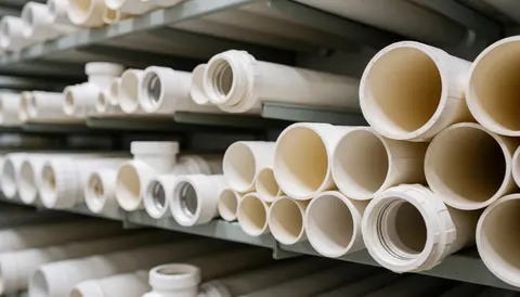 Arrière-plan composé de tuyaux en PVC blancs et de divers matériaux de plomberie rangés sur des étagères industrielles, servant de fond neutre pour du texte ou un design commercial.