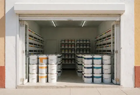 Vue de la façade extérieure d'un commerce spécialisé dans la vente de peintures et de fournitures pour la maison.