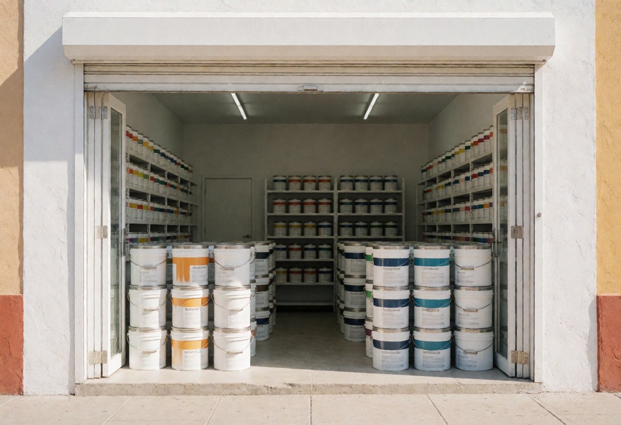 Vue de la façade extérieure d'un commerce spécialisé dans la vente de peintures et de fournitures pour la maison.