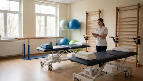 Vue d'une salle de rééducation bien éclairée contenant un lit de traitement, des balles d'exercice, des barres parallèles et des serviettes.