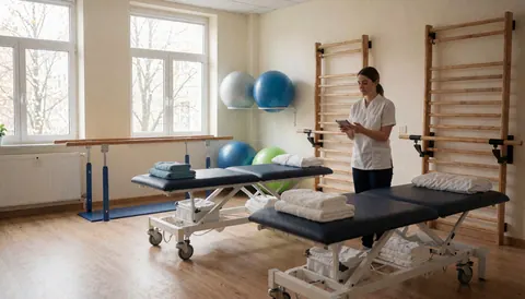 Vue d'une salle de rééducation bien éclairée contenant un lit de traitement, des balles d'exercice, des barres parallèles et des serviettes.
