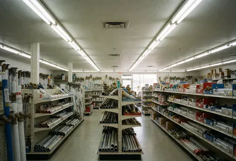 Vue intérieure d'un magasin de plomberie montrant des étagères remplies de tuyaux et d'accessoires divers sous un éclairage fluorescent.