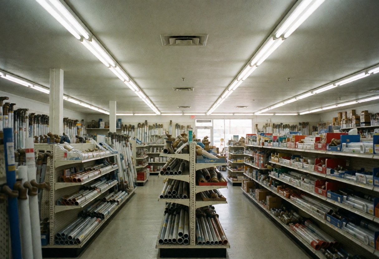 Vue intérieure d'un magasin de plomberie montrant des étagères remplies de tuyaux et d'accessoires divers sous un éclairage fluorescent.