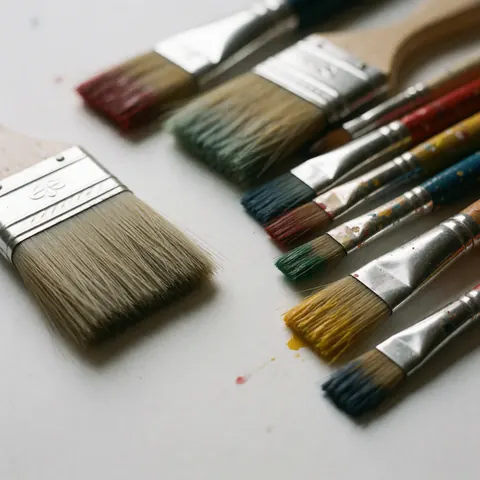 Pinceaux de peinture aux poils colorés disposés sur un fond blanc uni, éclairage doux et mise au point précise pour un rendu réaliste en gros plan.