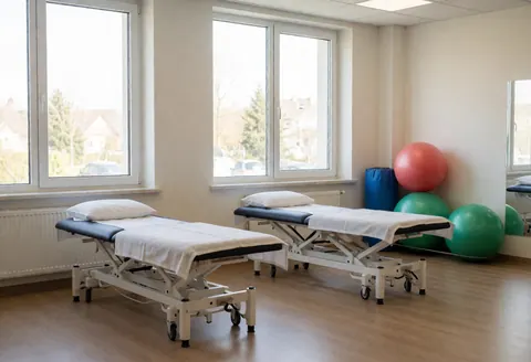 Vue intérieure d'une clinique de physiothérapie propre et vide. Deux lits de traitement, des ballons d'exercice dans un coin et de grandes fenêtres laissant entrer la lumière naturelle.